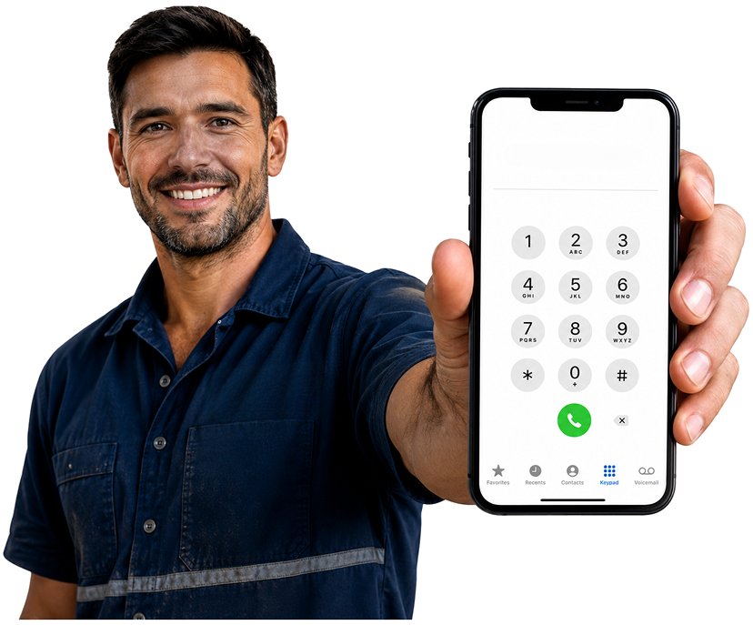 Gymea Blocked Drains plumber holding a phone — call 1300 261 965