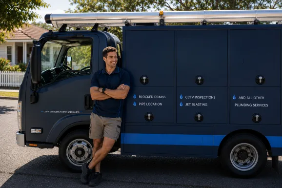 Plumber standing beside a service van in Gymea