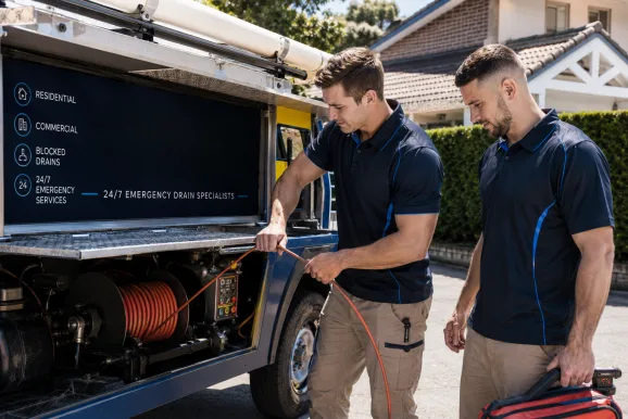 Two plumbers working on a blocked drain in Gymea